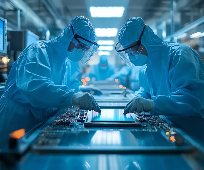 Two scientists in sterile suits inspect semiconductor production