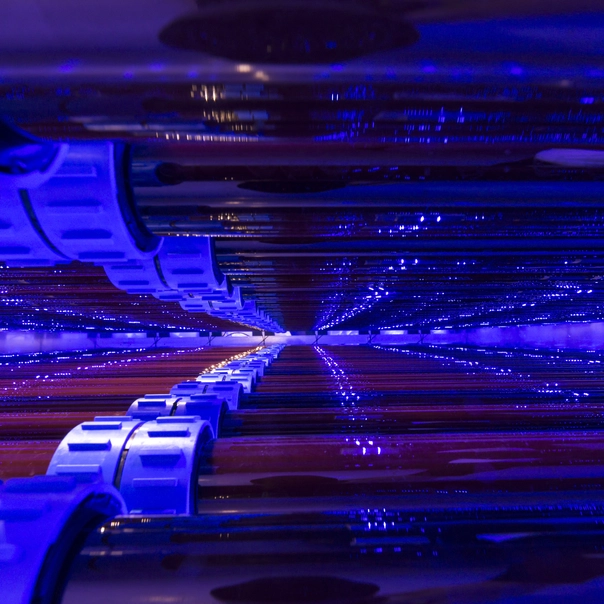 Bluely lit glass tubes used for algae cultivation.