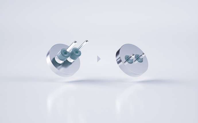 3D-rendered SCHOTT glass-to-metal connectors with translucent insulators on minimal background.