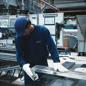 A man in a blue SCHOTT hat and shirt wearing white gloves polishes a transparent block of glass