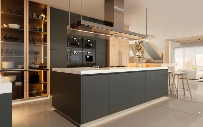 Modern luxury kitchen interior with matt dark cabinets, large island, integrated appliances, and warm ambient lighting.