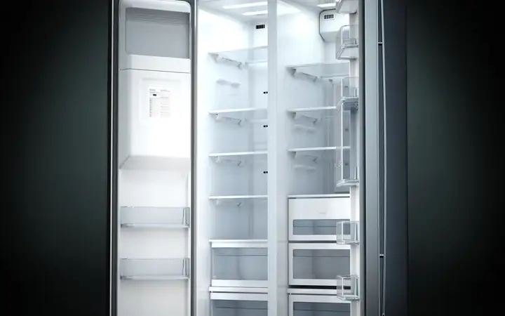 Open double-door refrigerator with nothing inside