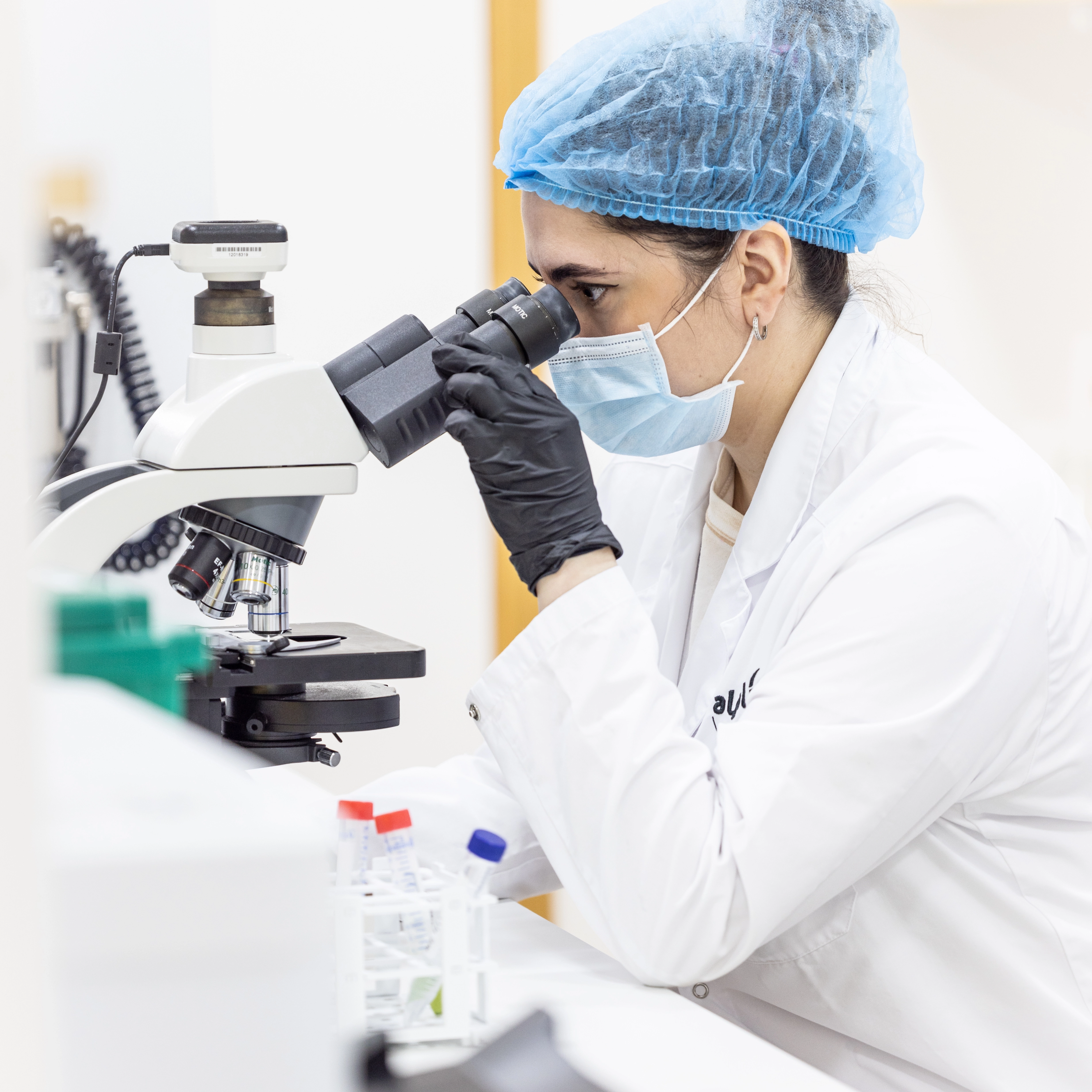 Algalif lab technician examines samples under the microscope.