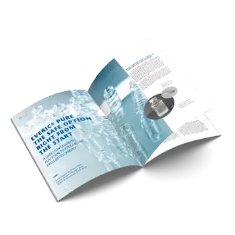 Promotion of EVERIC® pure white paper by SCHOTT Pharma, highlighting high-quality vials with complete delamination control and reduced extractables for drug manufacturing.