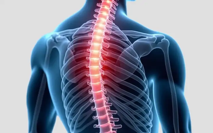 Medical illustration of a human back showing the spine with a highlighted spinal cord, focusing on the central nervous system pathway within the vertebrae.