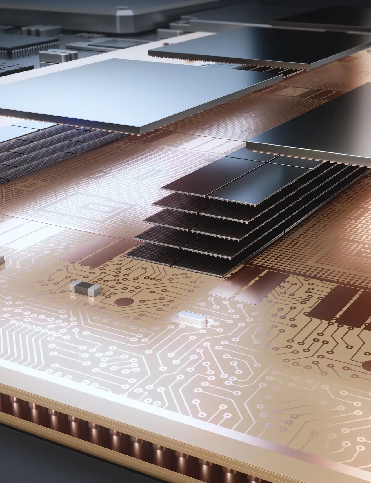 3D visualization looking closely at the ultra flatness and high-density interconnects of advanced IC substrates.