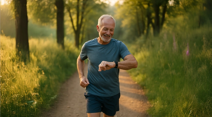 Old man jogging with smartwatch