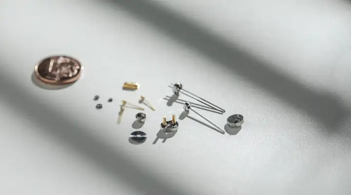 	Close-up view of small feedthroughs and battery lids arranged next to a coin for scale on a flat surface under soft lighting.