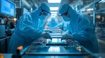 Two scientists in sterile suits inspect semiconductor production