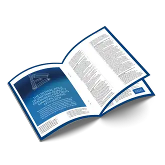 Open pharmaceutical datasheet booklet on high-uniformity drug packaging for production efficiency and safety