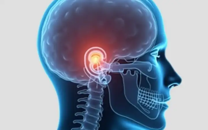 A digital illustration showing a side profile of a human head with a cochlear implant, highlighting the ear and brain connection.