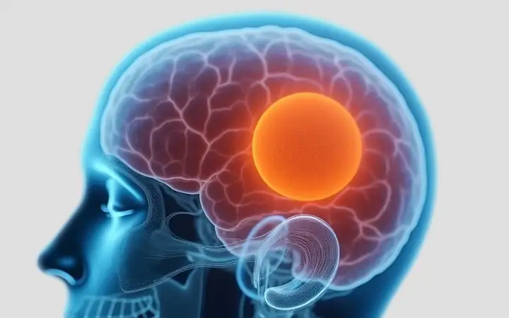 Digital illustration showing a human brain with a highlighted region to indicate pressure sensing technology application, focusing on monitoring and detecting intracranial pressure