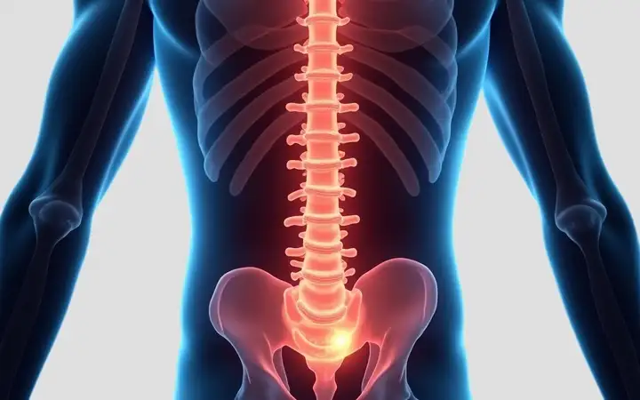 	Medical illustration of the human spine highlighting the sacral region, emphasizing the sacral nerve pathway in relation to the lower spinal cord