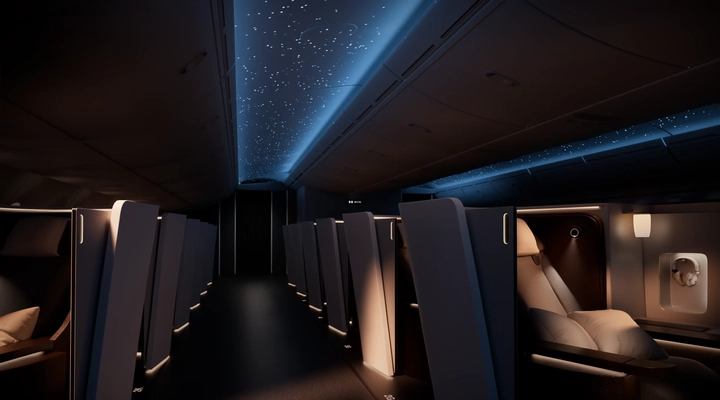 Airplane cabin with starry ceiling lights and private seating