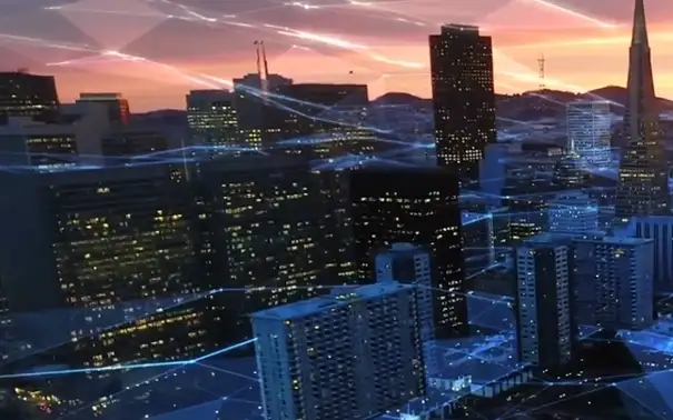 View of a digital city at sunset