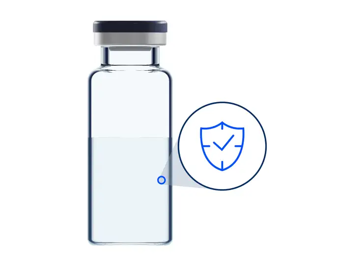 A pharmaceutical vial with illustration of a blue shield with white tick