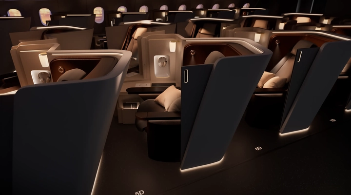 Close-up of premium airplane seats with sleek privacy panels