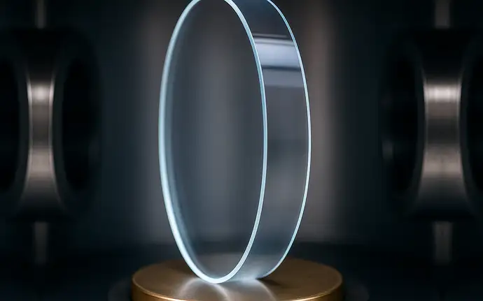 Circular disc of SCHOTT B 270® glass standing vertically