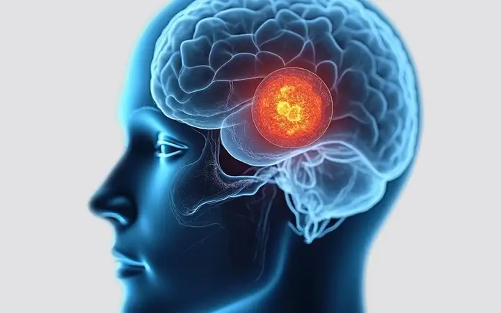 Illustration of a human brain with highlighted area indicating deep brain stimulation application site, showing a potential therapeutic target