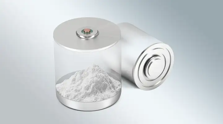 Illustration of cylindrical batteries, one with powder inside.