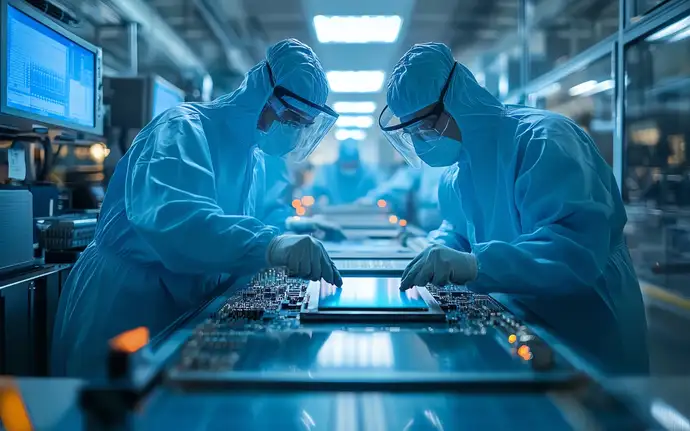 两位身着无菌服的科学家检查半导体生产