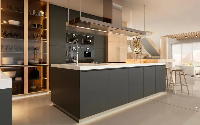 Modern luxury kitchen interior with matt dark cabinets, large island, integrated appliances, and warm ambient lighting.