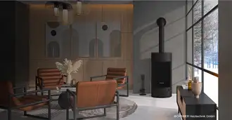 Modern living room with a Oranier pureBLACK stove featuring ROBAX® NightFlame curved, stylish wood and leather furniture.