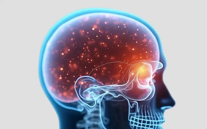 	Illustration of a human brain and eye structure with highlighted region indicating the application site for a retinal implant, focusing on visual processing areas.