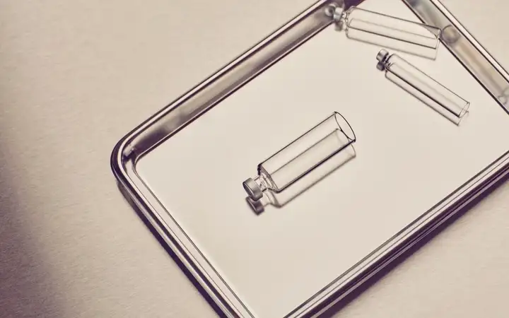 Three small clear glass vials on a reflective metal tray