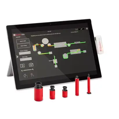 Tablet device screen showing Digital Container Twin analytics for filling line optimization with row of red containers in front