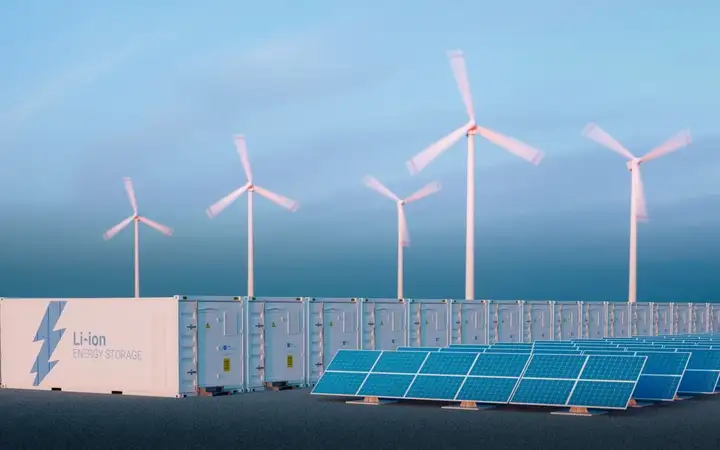 Large-scale battery energy storage systems are pictured with renewable wind turbines and solar panels.