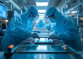 Two scientists in sterile suits inspect semiconductor production