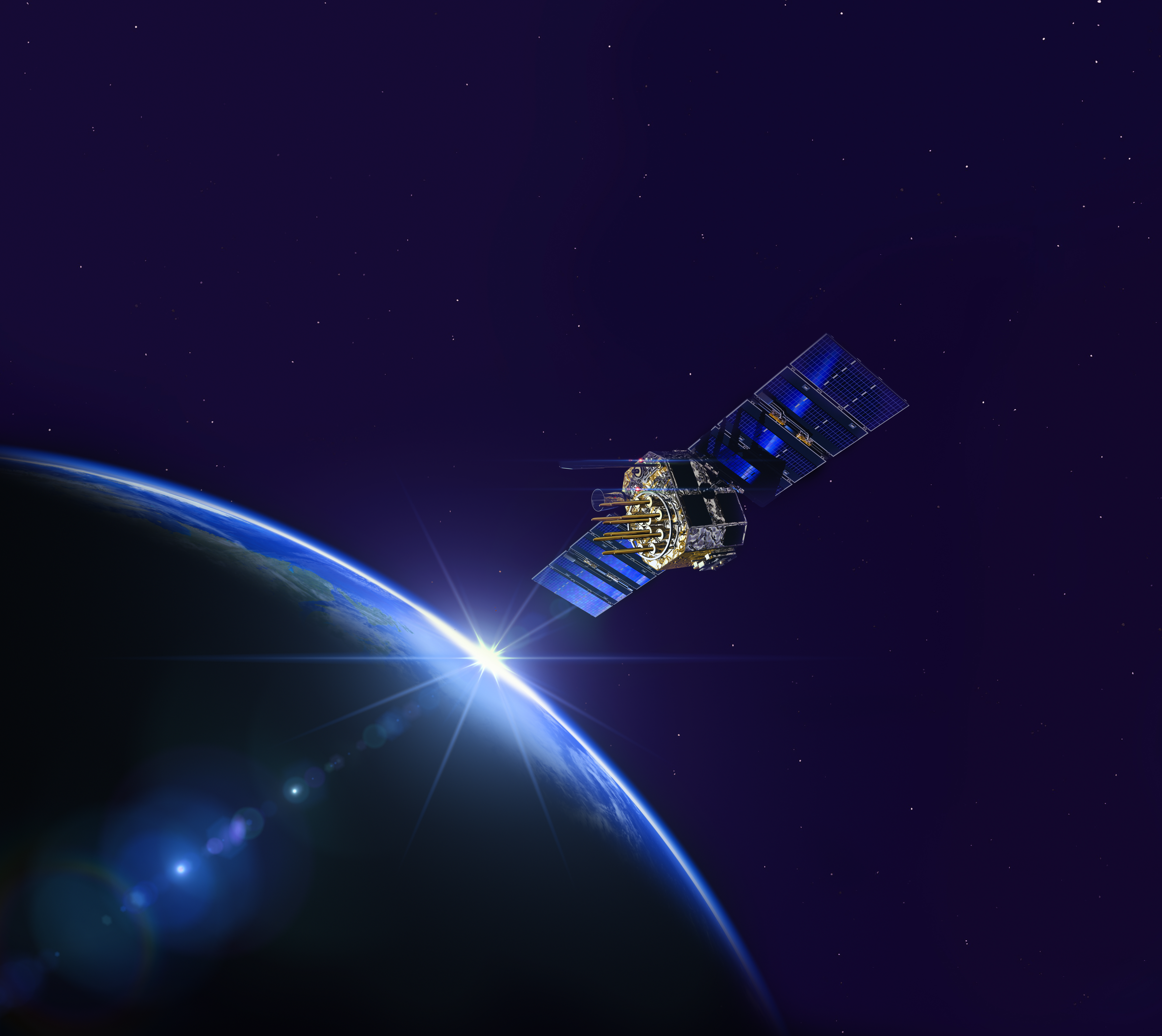 Satellite orbiting above Earth with sunlight on the horizon