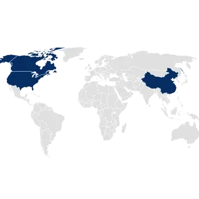 以蓝色高亮显示美国、加拿大和中国的世界地图