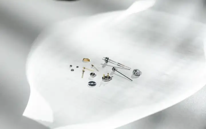 An assortment of tiny metallic components neatly arranged on a smooth, white surface under soft lighting, showcasing their intricate design and precision engineering.