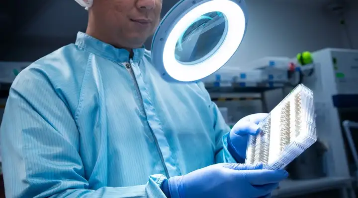Quality operator inspects batch of microfluidic chips.