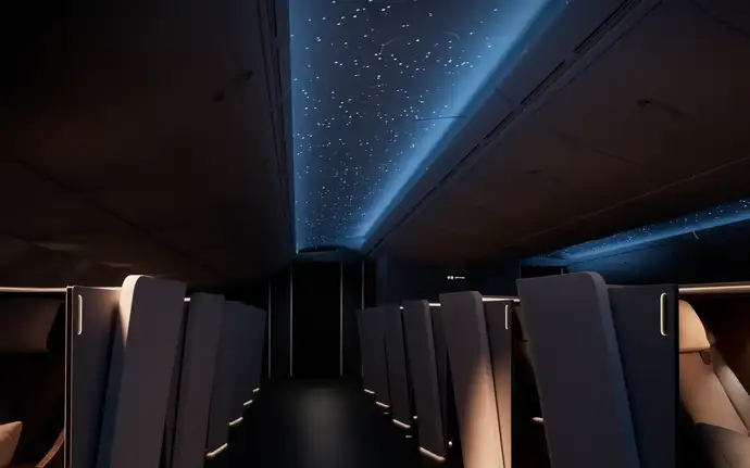 Aircraft cabin with a blue illuminated ceiling featuring a star-like light pattern above the seating rows