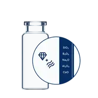 Transparent glass vial with close up of surface structure
