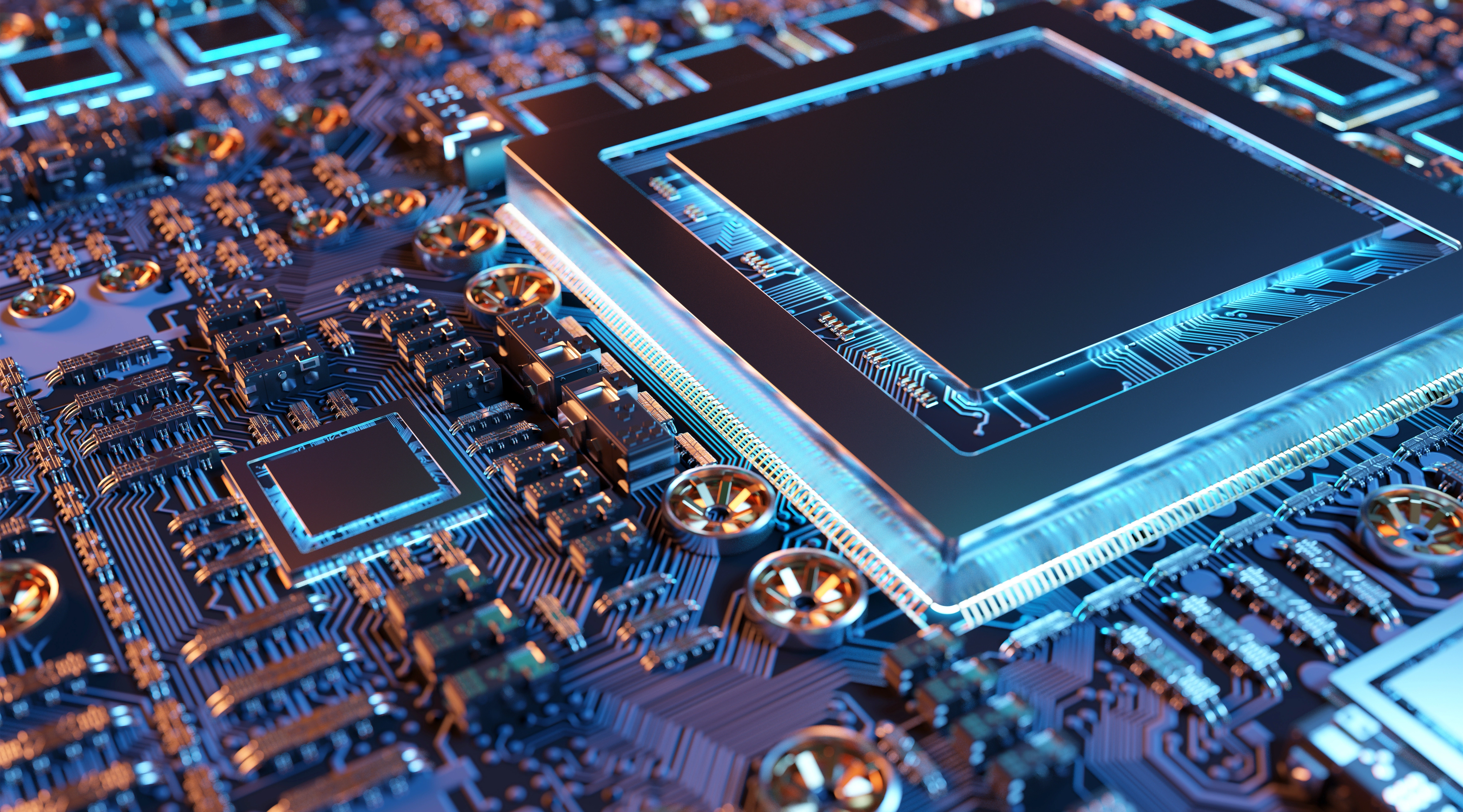  Close up of a circuit board with semiconductor in blue light