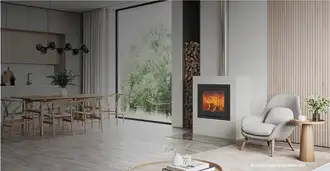 Bright Scandinavian living-dining area with Lotus stove featuring ROBAX® NightFlame and modern wooden furniture.