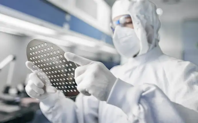 SCHOTT cleanroom technician inspecting glass wafer