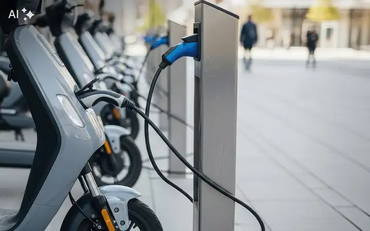 A row of electric scooters charging at outdoor docking stations.