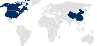 我们将世界地图中的美国、加拿大和中国用蓝色标注突出