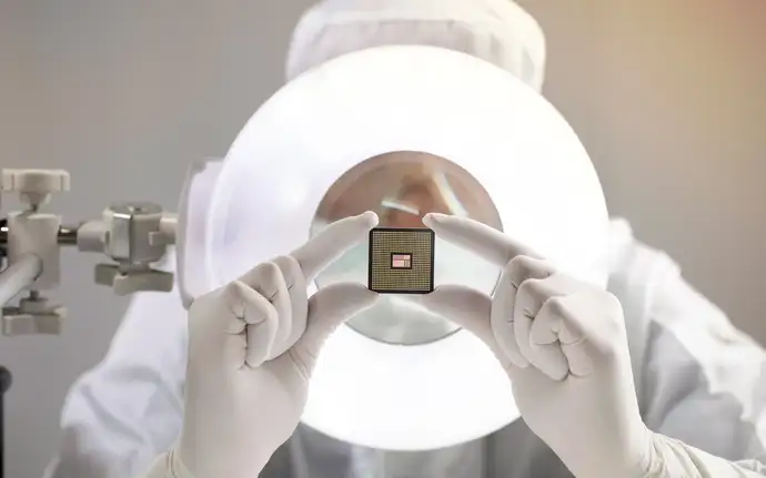 Lab technician holding semiconductor with gloved hands