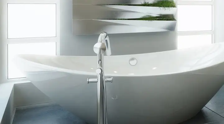 White modern bathroom with free-standing bath