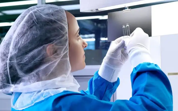 Laboratory technician compares two pharmaceutical glass cartridges