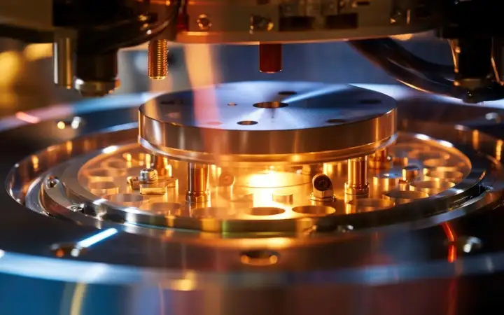 A closeup shot of a chemical vapor deposition CVD chamber, which is used to deposit thin films of material onto the wafer surface. 