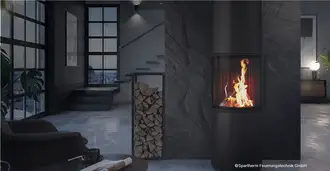 Sparthem fireplace with ROBAX® NightFlame curved glass-ceramic in an elegant modern living space with natural stone wall and firewood storage